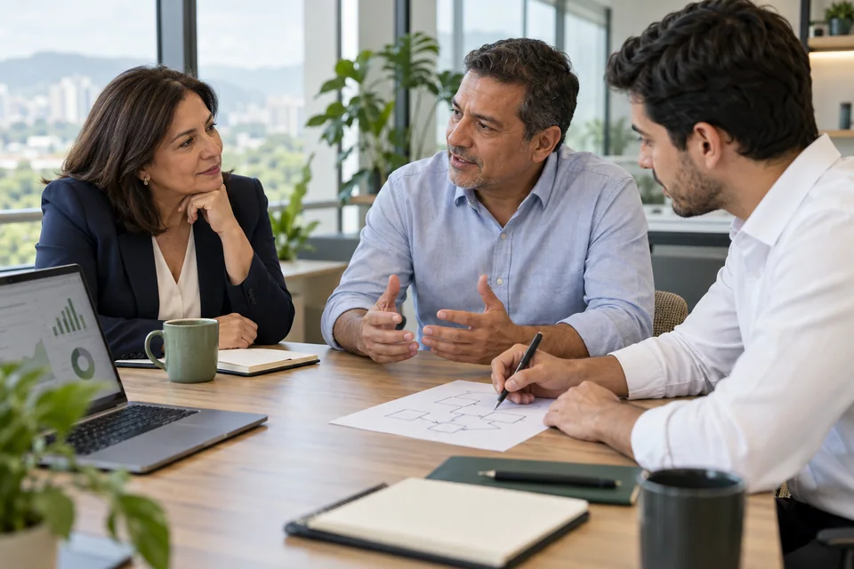 Consultores escuchando a un cliente y analizando su proceso de negocio, con apoyo de datos.