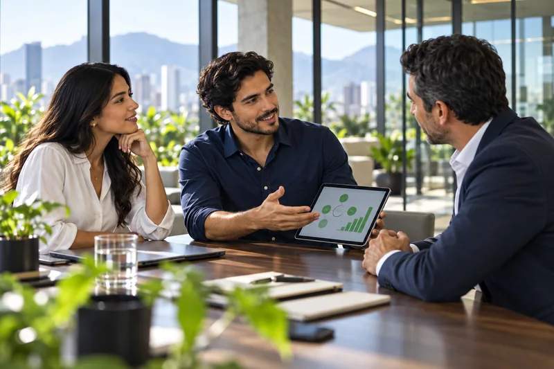 Asesores presentando una propuesta comercial a un cliente